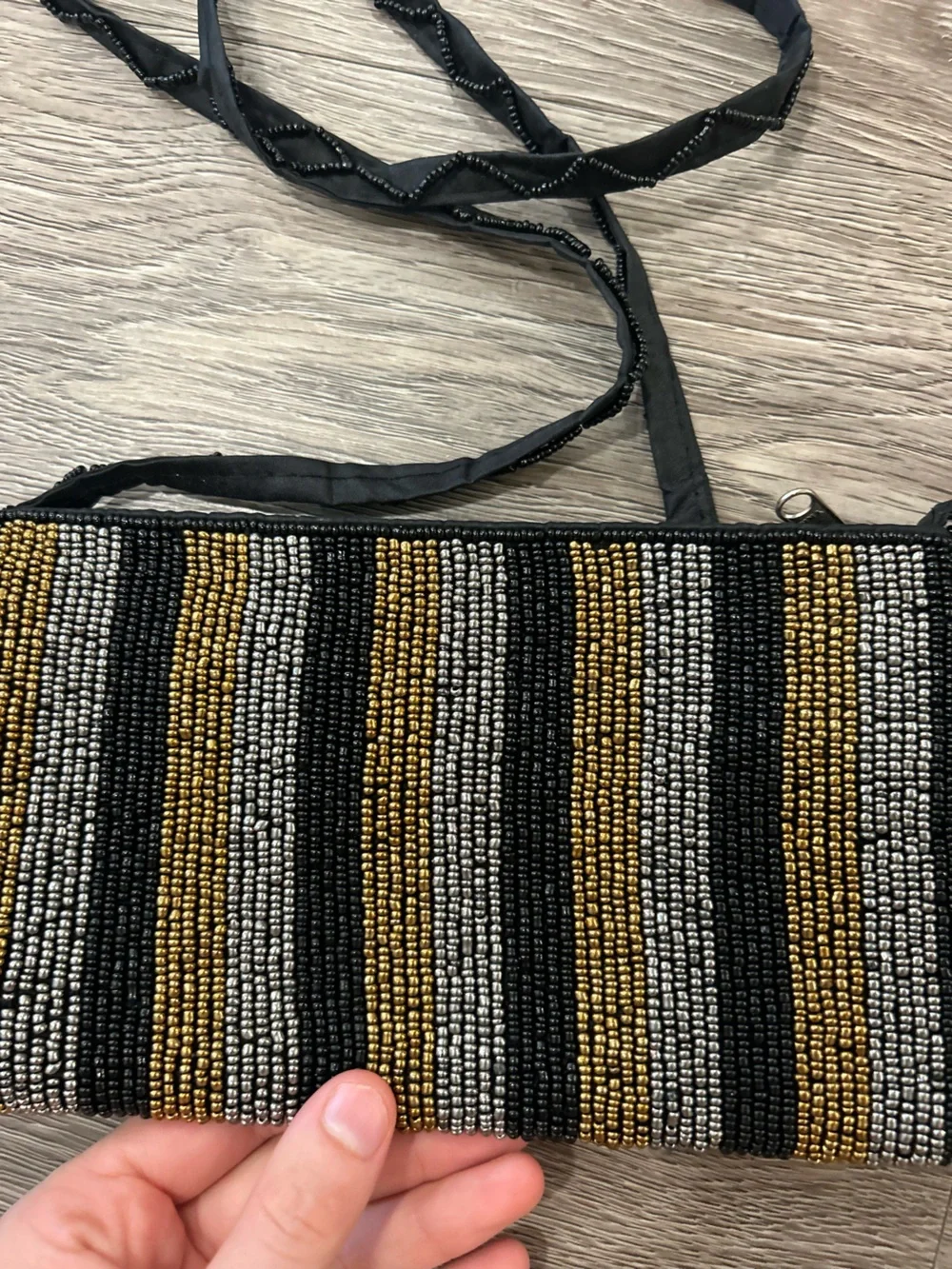 Vintage Beaded Black and Gold Striped Crossbody Bag